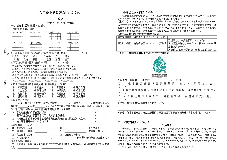 部编版语文六年级下册期末复习卷（五）01