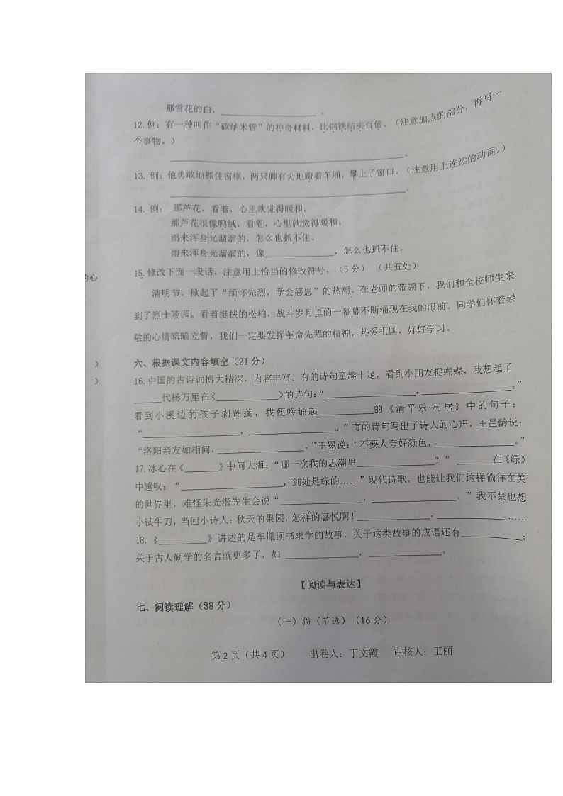 江苏省南通市实小集团共同体2020-2021学年第二学期四年级下语文期末考试卷第2页