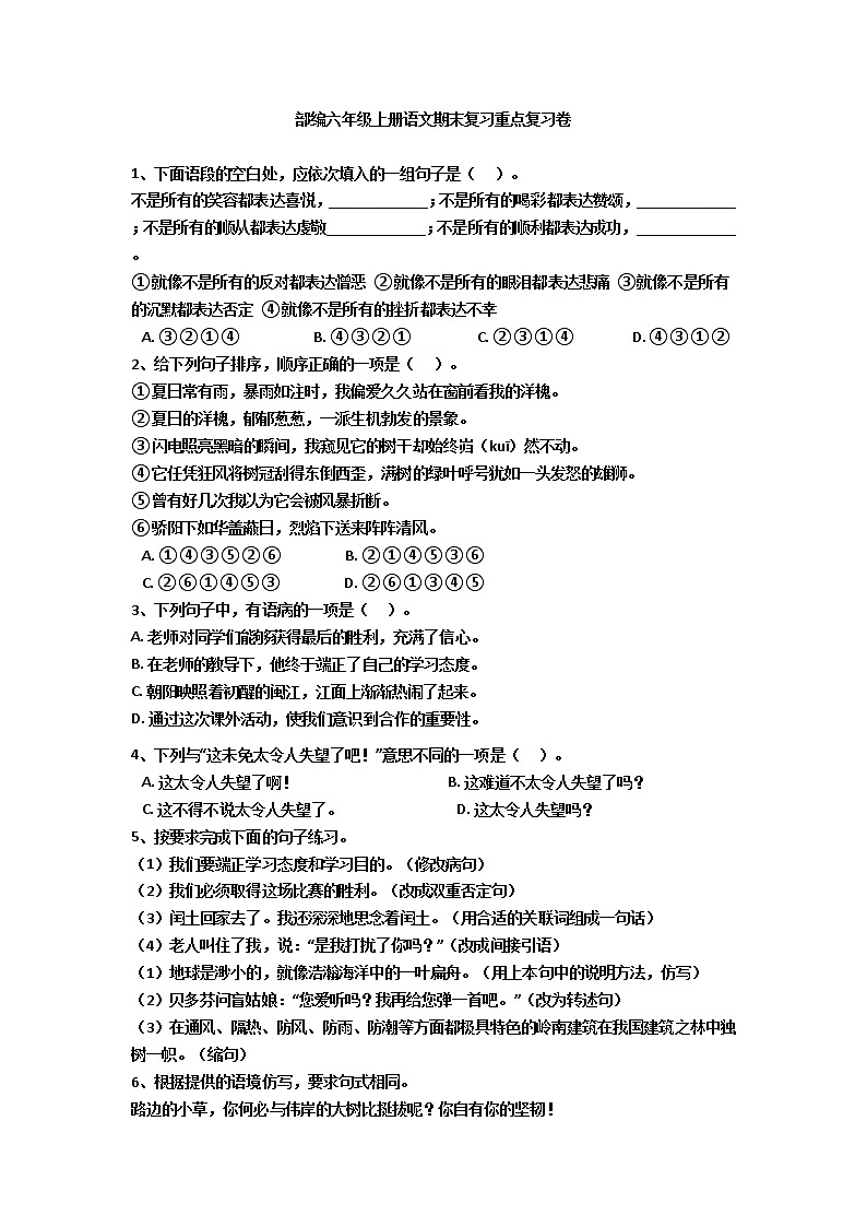 统编版六年级上册语文期末复习重点复习卷（无答案）01