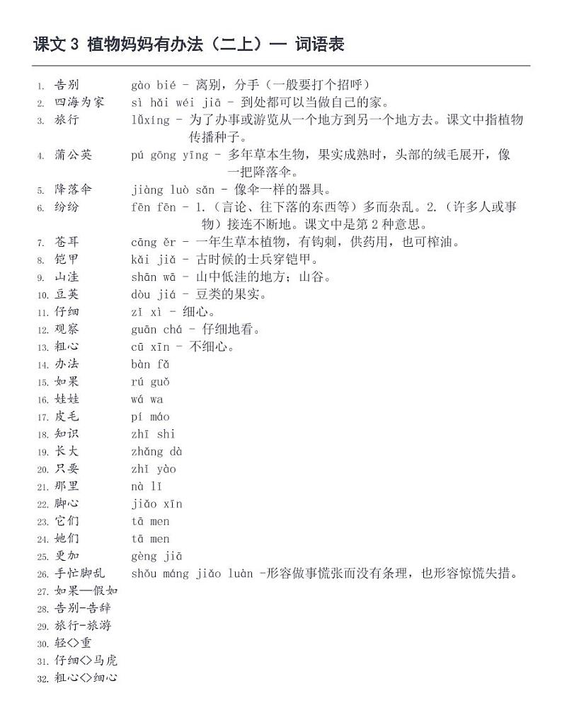 课3《植物妈妈有办法》词语表第1页
