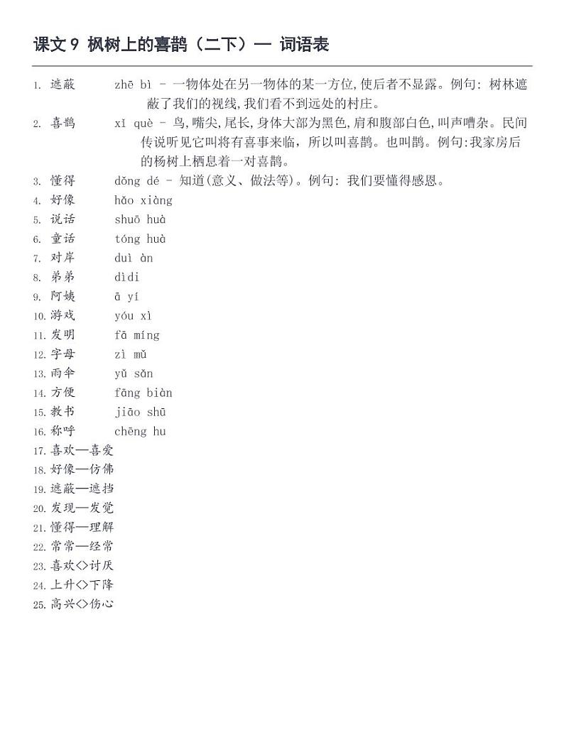 9 枫树上的喜鹊 词语表第1页