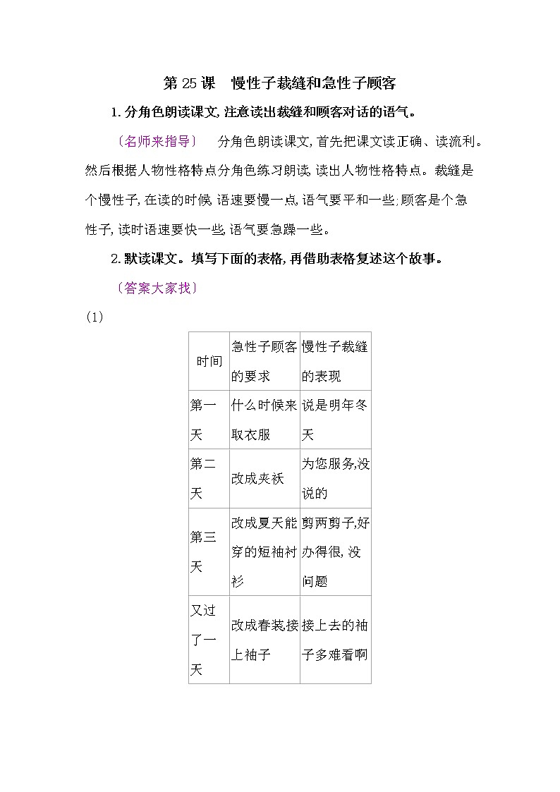 人教部编版三年语文下册教材《慢性子裁缝和急性子顾客》课后练习参考答案01