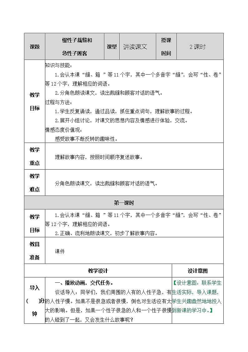 第二十五课 慢性子裁缝和急性子顾客教案第1页
