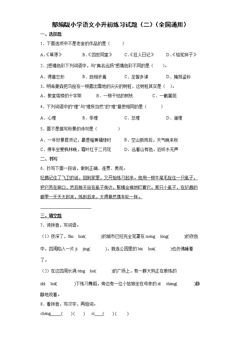 部编版小学语文小升初练习试题（二）（全国通用）第1页