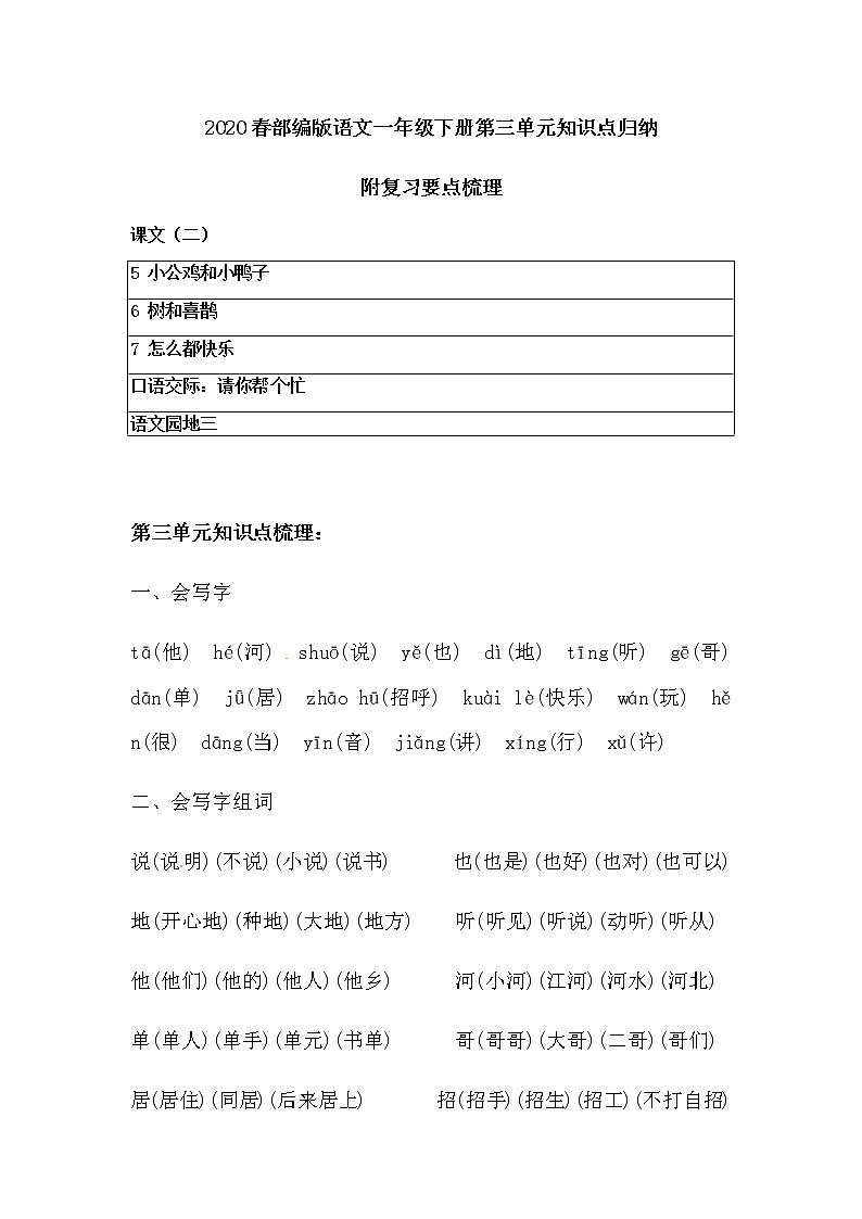 部编版语文一年级下册第三单元知识点归纳 附复习要点梳理 （课文二）01