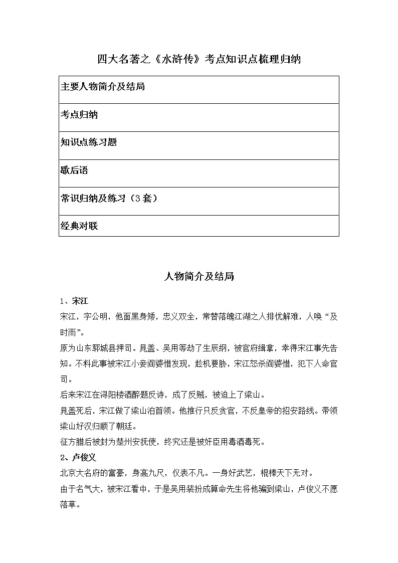 四大名著之《水浒传》考点知识点梳理归纳（主要人物简介、常识知识点及练习）第1页