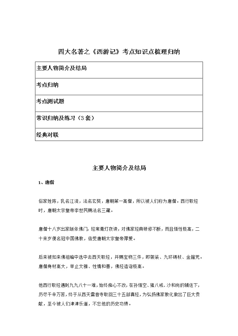 四大名著之《西游记》考点知识点梳理归纳（主要人物简介、常识知识点及练习）第1页