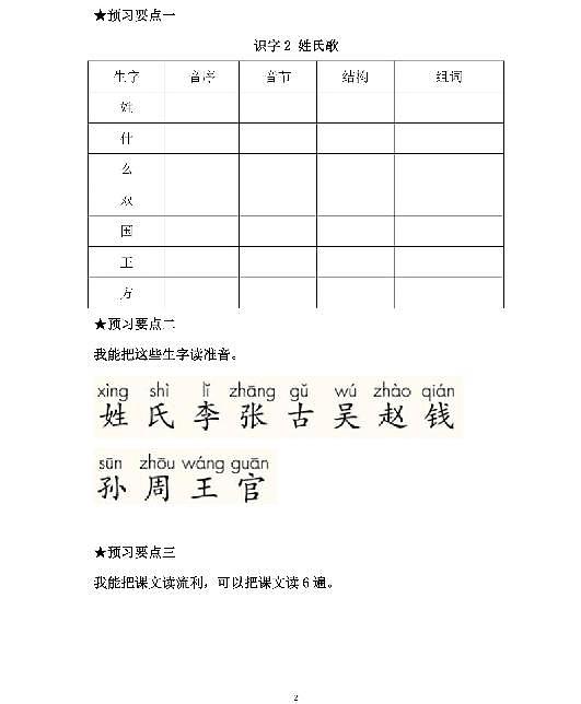 部编版语文一年级下册每课预习单  预习计划第2页