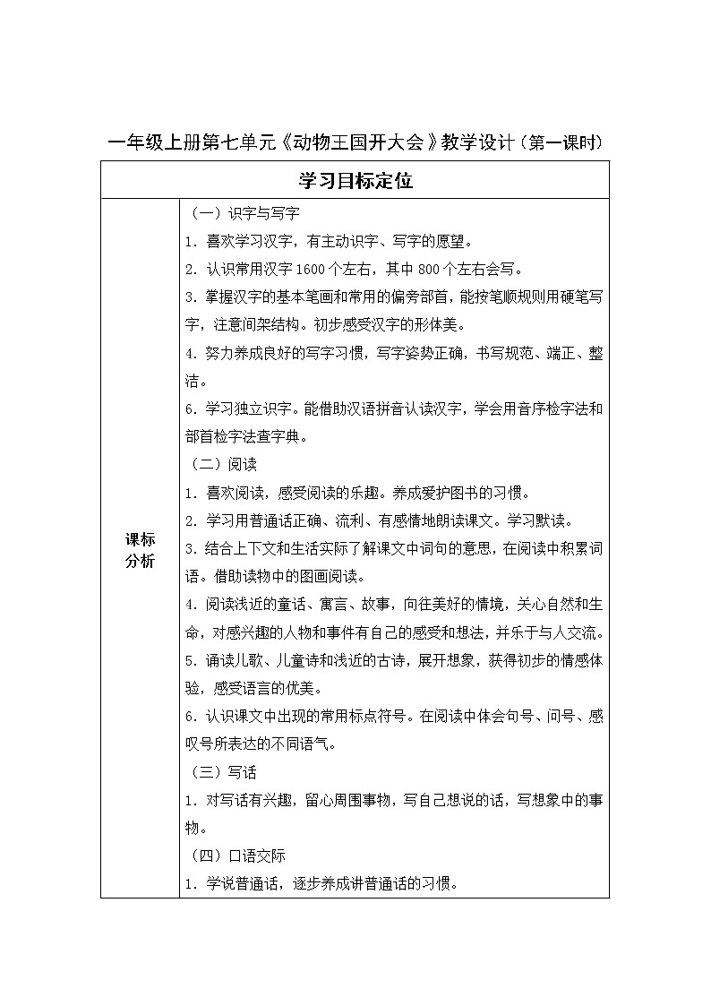 部编语文一年级下册《动物王国开大会  第一课时教案第1页