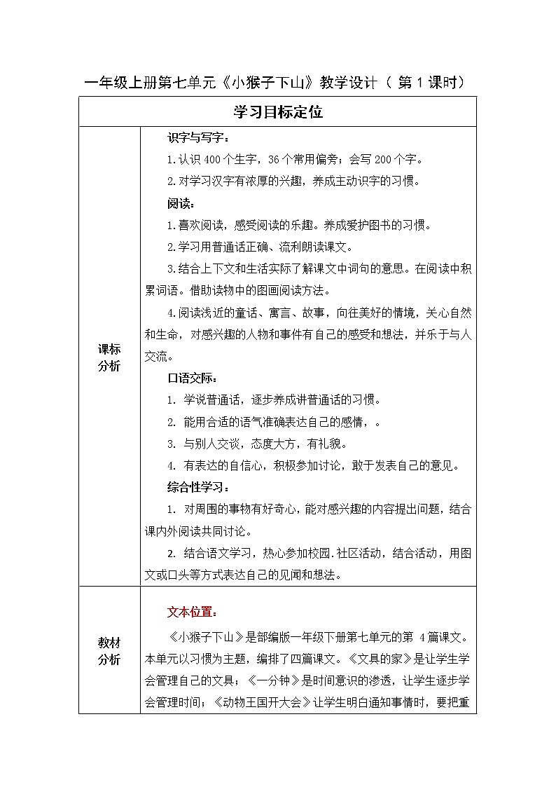 部编语文一年级下册《小猴子下山》教学设计 第一课时01