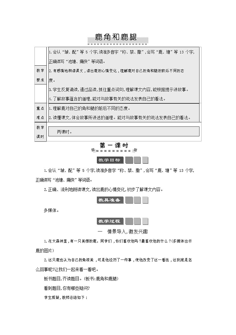 人教部编版三年级语文下册《鹿角和鹿腿》教案教学设计第1页
