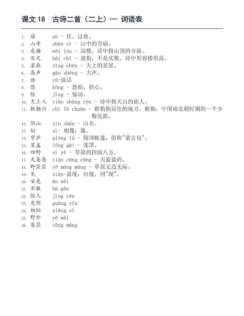 19古诗二首《夜宿山寺》《敕勒歌》词语表（A4可直接打印）PDF版练习题01