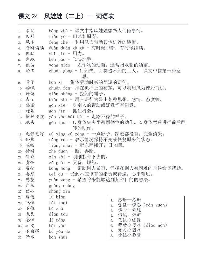 24《风娃娃》词语表（A4可直接打印）PDF版第1页