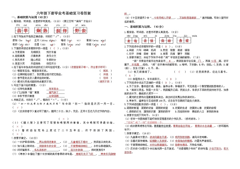 六年级下册语文毕业考基础复习答案第1页