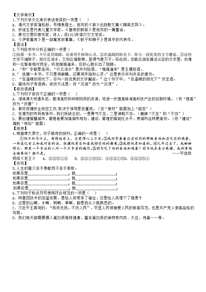 小升初语文基础复习（句型综合）第1页