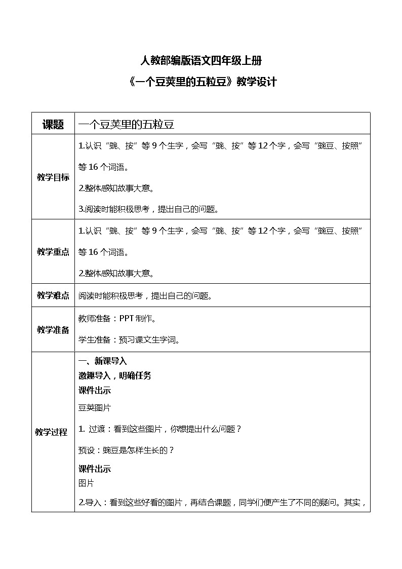 5《一个豆荚里的五粒豆》第一课时课件PPT+教案+练习01
