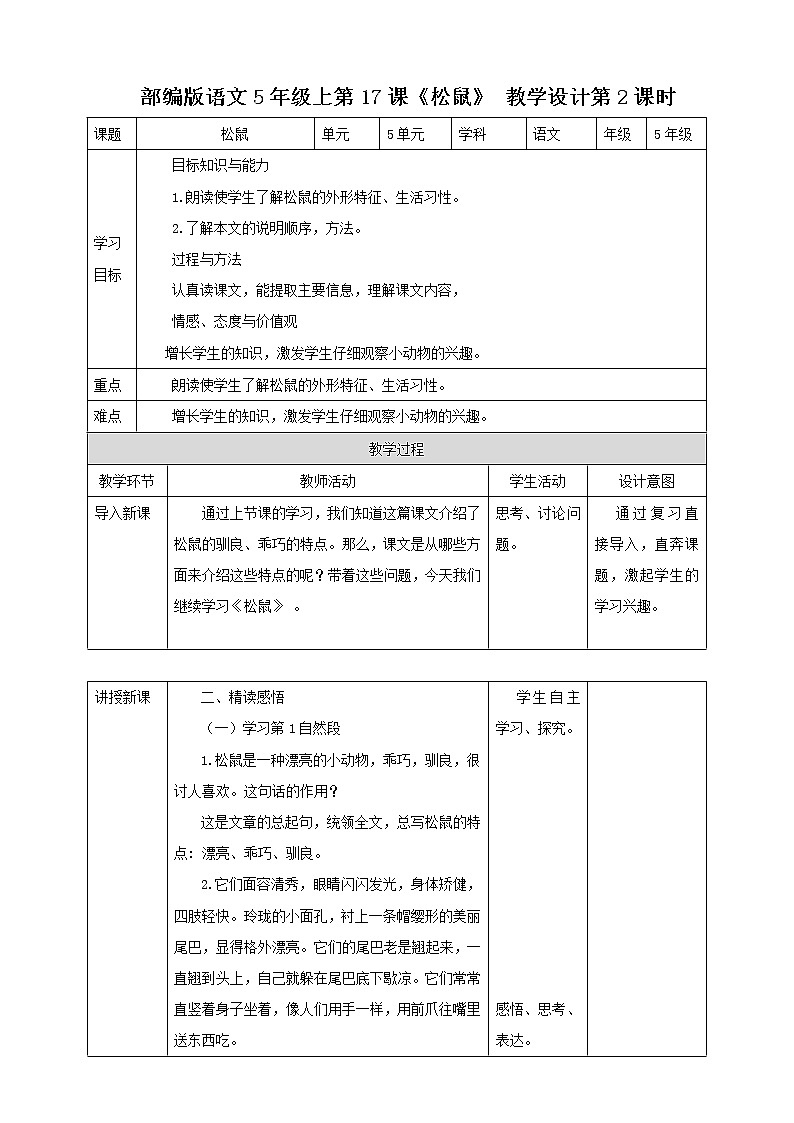 部编版语文5年级上第17课《松鼠》 教学设计01