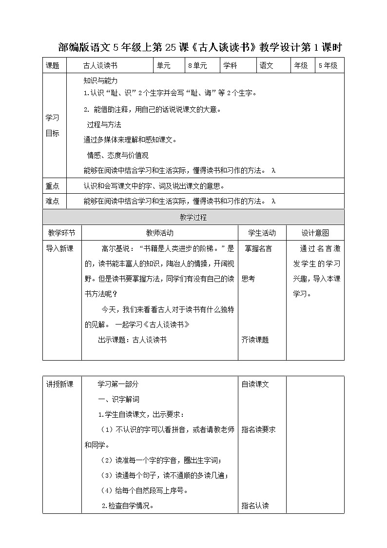 小学语文五年级上册《古人谈读书》教学设计（共2课时）第1页