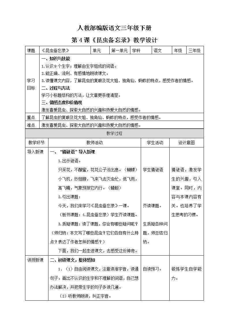 小学语文部编版 三年级下册《昆虫备忘录》语文教案第1页