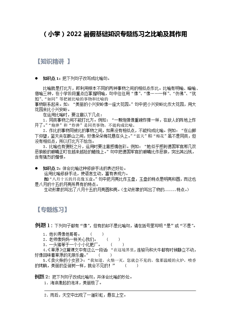 【精讲+练习】小学语文高年级暑假 ：基础知识专题之比喻及其作用（统编版，含答案）01