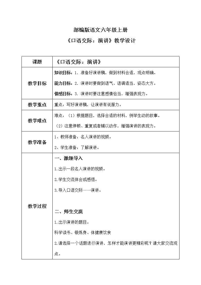 六年级上册《口语交际：演讲》课件PPT+教案（含音视频素材）01