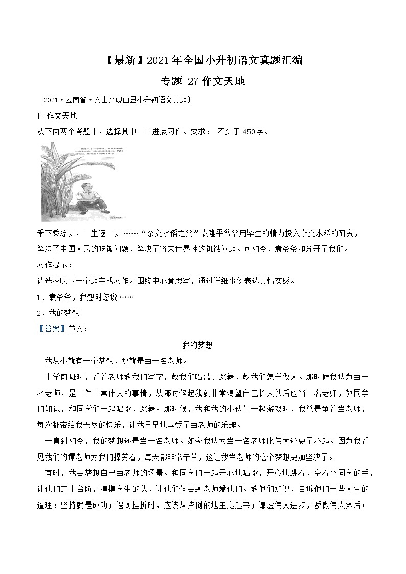 小升初语文（部编版）真题汇编专题27作文天地第1页