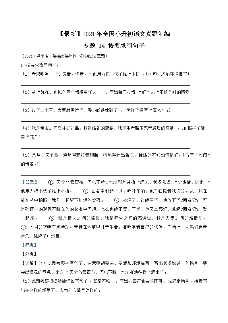 小升初语文（部编版）真题汇编专题14按要求写句子第1页
