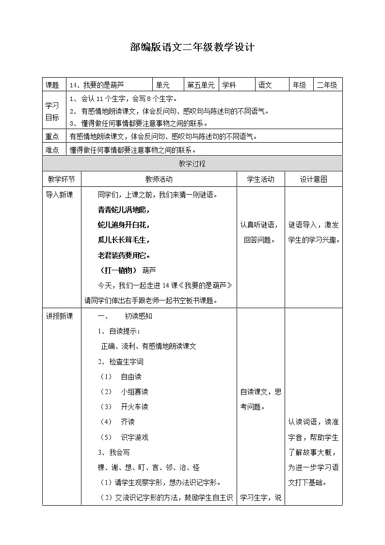 小学语文二年级上册《我要的是葫芦》教学设计 一课时01