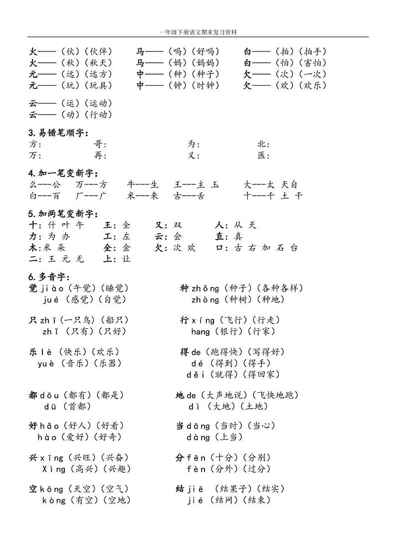 部编版一年级下册语文期末复习学霸资料整理 试卷02