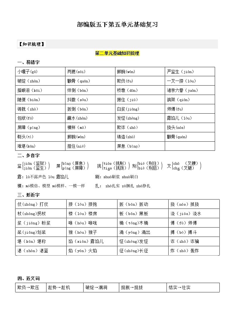 第5单元基础复习（知识梳理+检测）五年级语文下册  部编版第1页