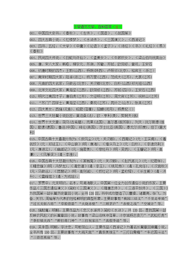 小学语文文学、百科荟萃（全）第1页