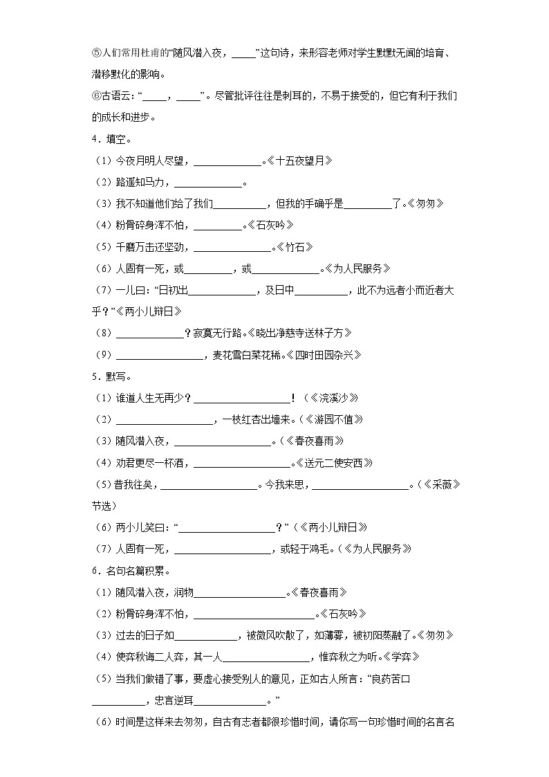 小升初古诗词与积累运用专项突破练习（试题）部编版语文六年级下册（含答案）02