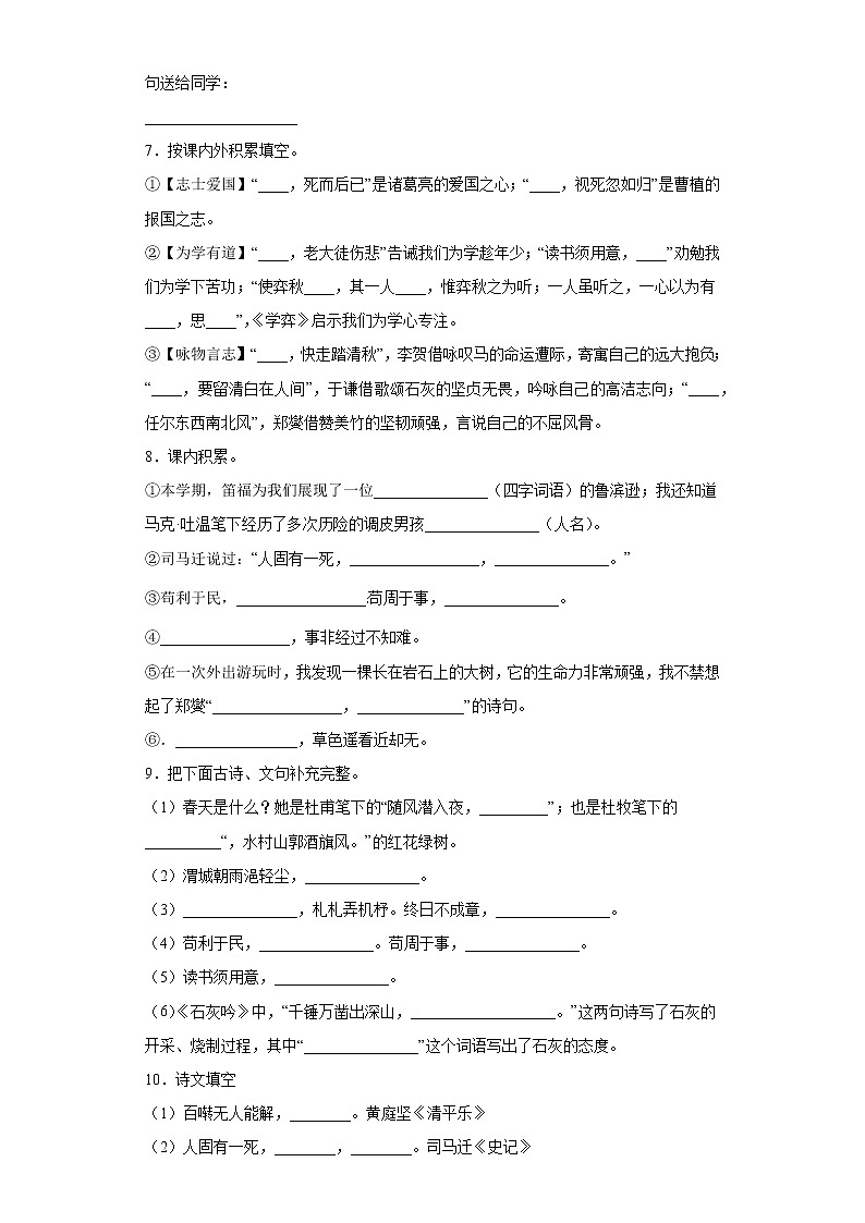 小升初古诗词与积累运用专项突破练习（试题）部编版语文六年级下册（含答案）03