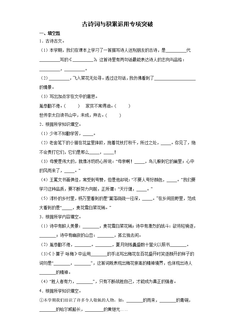 期末复习古诗词与积累运用专项突破（试题）部编版语文四年级下册（含答案）01