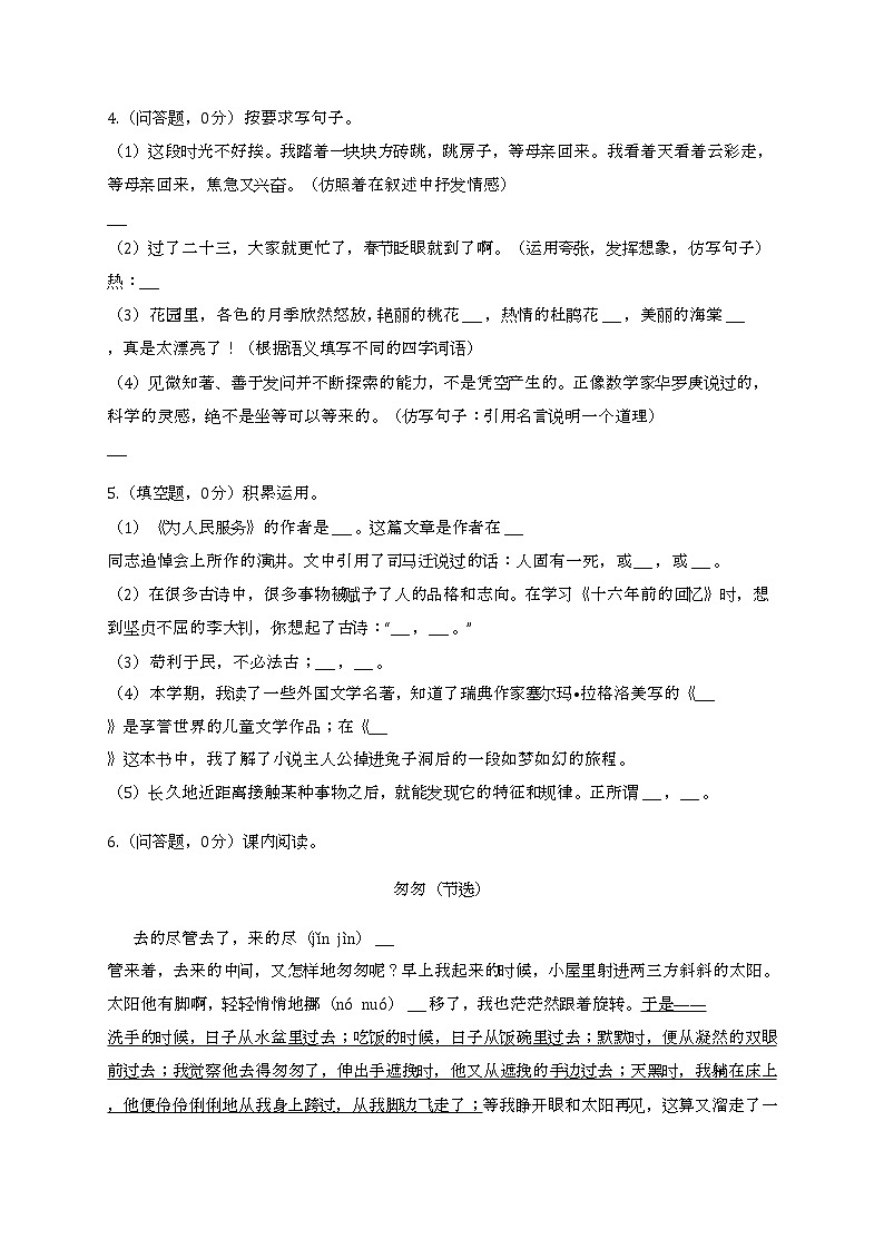 2022年山东省济南市高新区小升初语文模拟试卷02