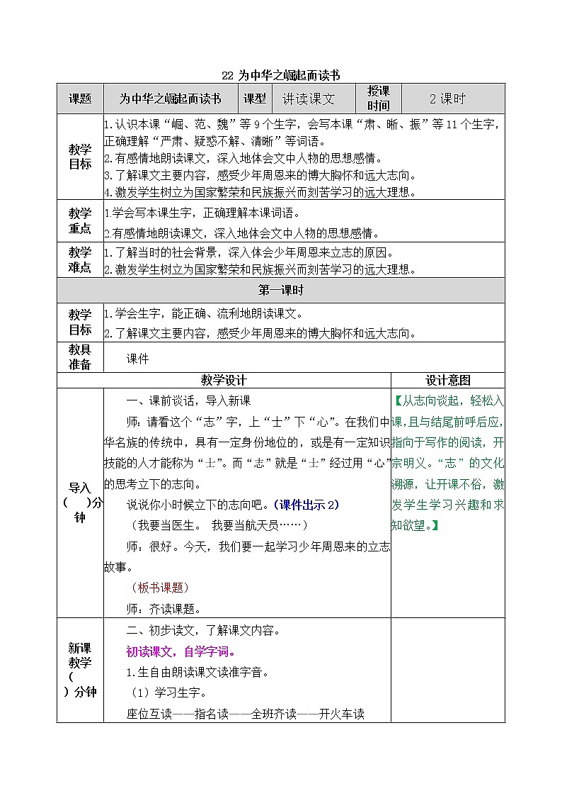 22《为中华之崛起而读书》教案（含课时作业+教学反思+备课素材）01