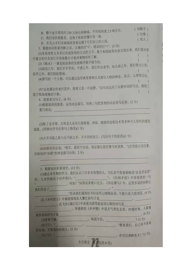 河南省南阳市南召县2021-2022学年五年级下学期期末语文试卷（含答案）02