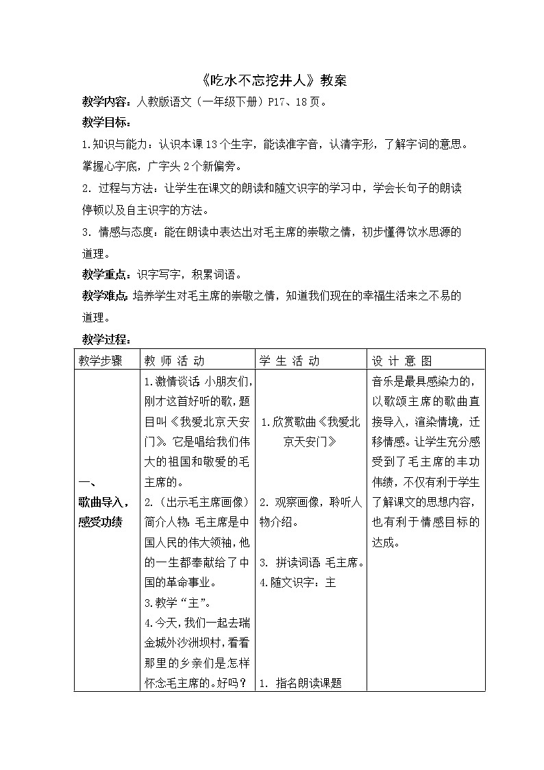 小学语文一年级下册1 吃水不忘挖井人(72) 教案第1页