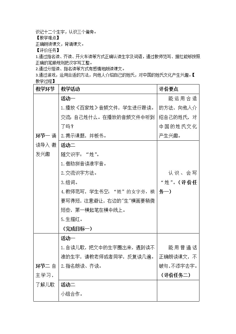 小学语文一年级下册2姓氏歌（教案）第2页