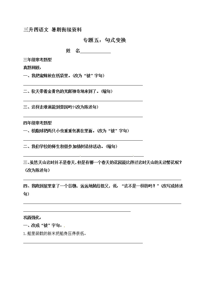 三升四语文衔接 专题五·句式变换  同步练习（含答案）人教统编版01