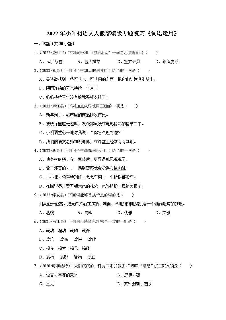 【小升初】《词语运用》 2022年小升初语文专题练习 统编版第1页