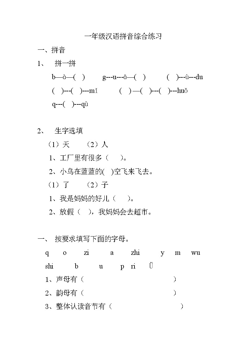 人教版语文一年级汉语拼音综合练习（无答案）01
