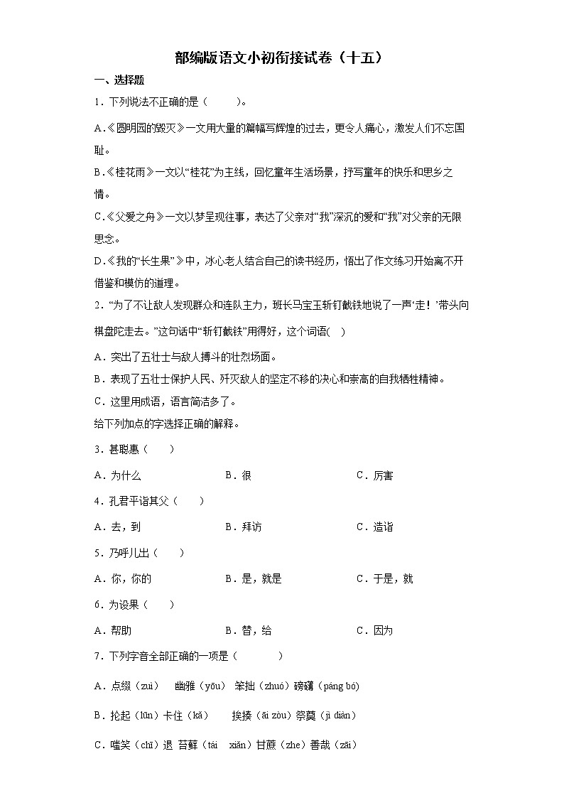 部编版语文小初衔接试卷（十五）第1页