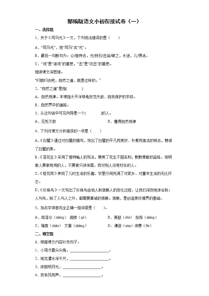 部编版语文小初衔接试卷（一）第1页