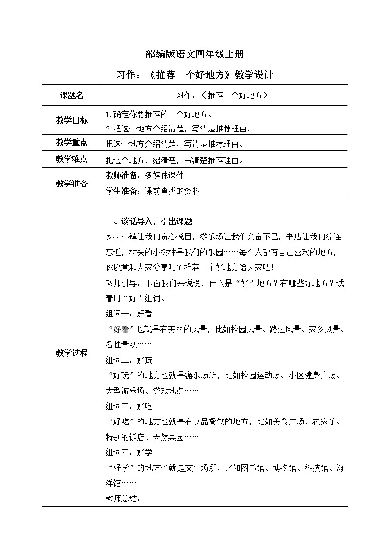 部编版语文四上习作：《推荐一个好地方》课件+教案01