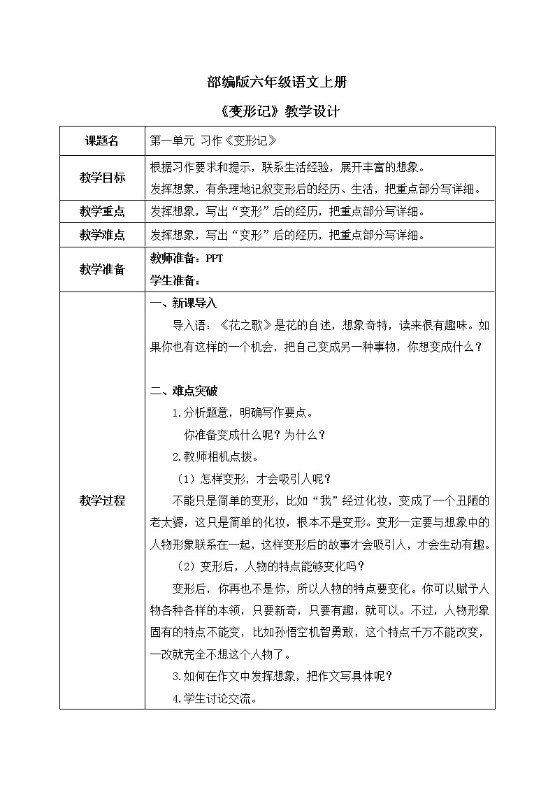 部编版6年级语文第一单元习作《变形记》PPT+课件01