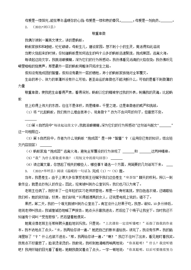 云南省2021年小升初语文卷真题分题型分层汇编-12现代文（记叙文）02