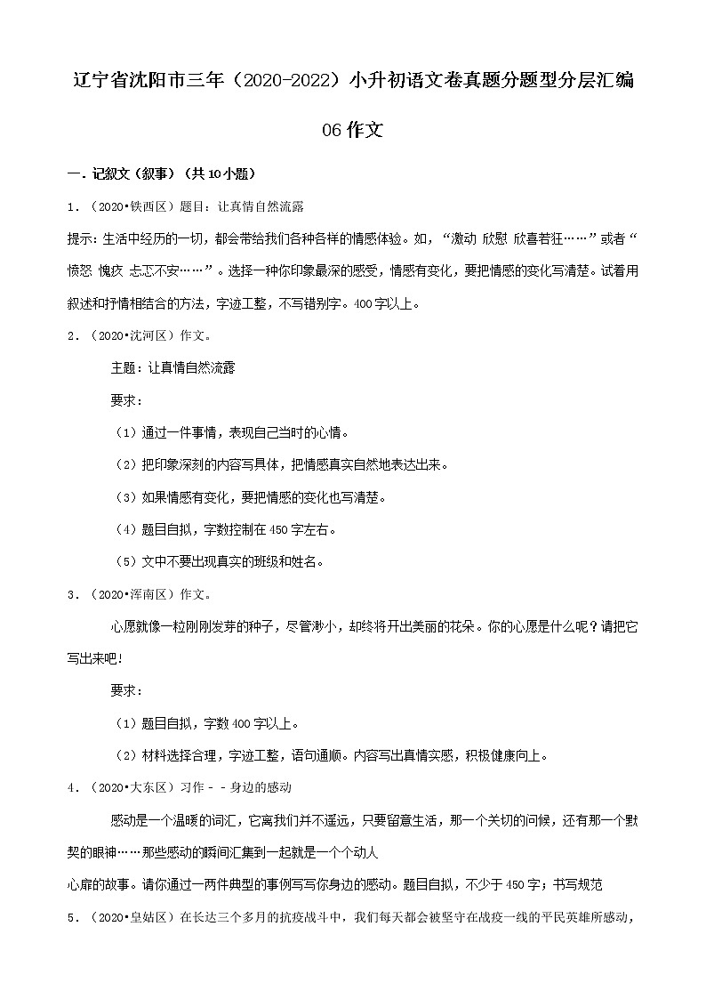 辽宁省沈阳市三年（2020-2022）小升初语文卷真题分题型分层汇编-06作文第1页
