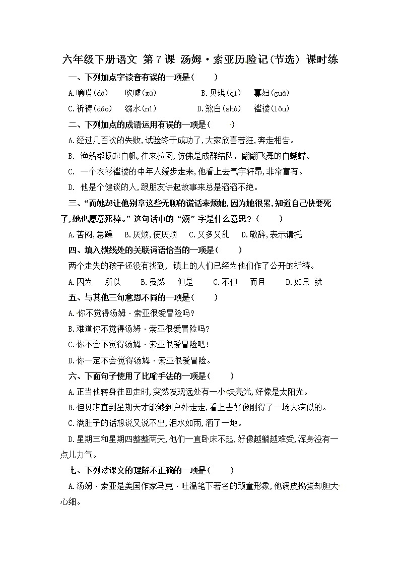 第7课 汤姆·索亚历险记(节选)（习题）-六年级语文下册同步备课系列（部编版）01