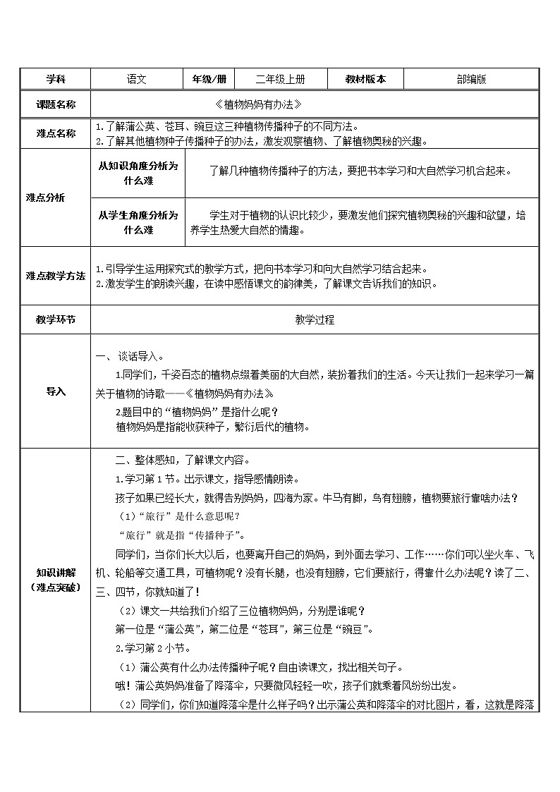 人教部编版语文二年级上册课文（一）3.课件植物妈妈有办法   教案01